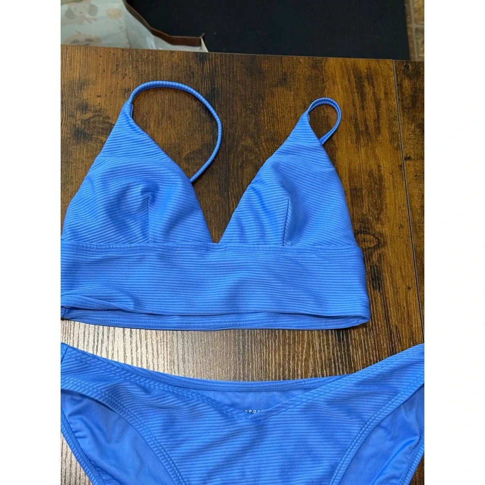 Aeropostale Bikini Set Women M/L Blue Excellent Ribbed‎ Triangle High Leg Cheeky